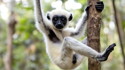 Obraz premium A stunning depiction of a Sifaka, an endangered primate native to Madagascar, perched gracefully on a branch. This striking lemur is characterized by its soft, white fur and large, expressive eyes t
