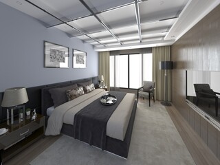 Mock up of an exclusive bedroom with a fashionable comfortable bed and stylish decorative background, 3D rendering.