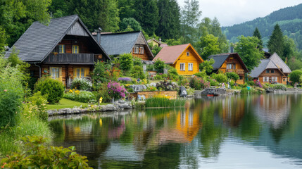 Obraz premium A serene village by a crystal-clear lake, with charming wooden houses, colorful gardens, and reflection of the landscape in the water