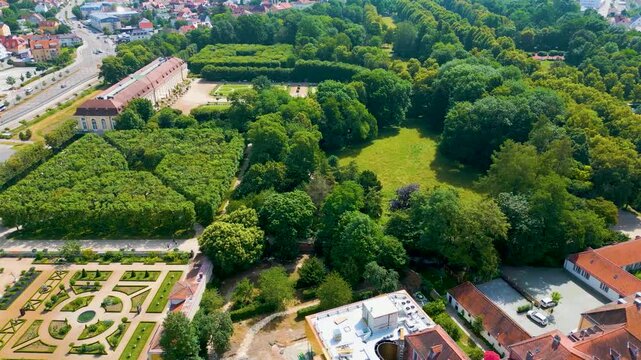 4K Aerial Drone Video of the Hofgarten Garden and Orangerie Event Venue in Downtown Ansbach, Germany