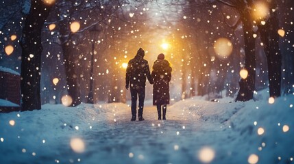 Obraz premium Couple Silhouetted Walking in Snowy Night, Hand in Hand