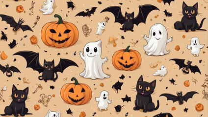 Fototapeta premium Seamless Pattern with Black Cat Pumpkin
