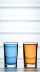 Colored drinks in clear glasses, white background