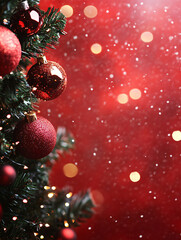 Merry christmas and new year holidays background. Blurred bokeh background with light bulbs and Christmas tree branches. Banner.
