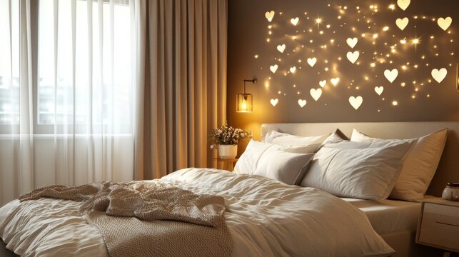 Cozy Bedroom with Heart-Shaped Lights and a Blanket on the Bed