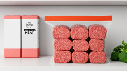 Shelves displaying packages of minced meat in a store. The vibrant color and clear labeling make this image perfect for illustrating culinary recipes or marketing materials иалов для мясных продуктов.