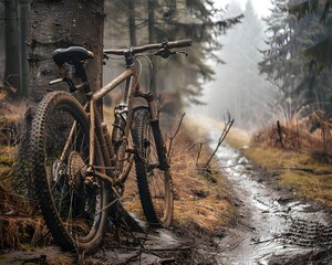 Fototapeta premium Weathered Mountain Bicycle Leaning Against Muddy Forest Tree After Rugged Trail Ride