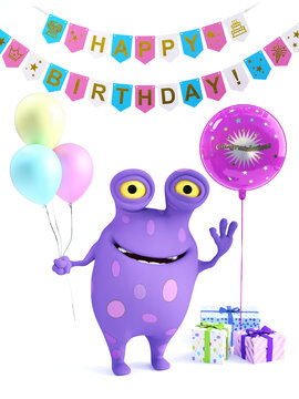 3D rendering of a spotted monster with party balloons and gifts.