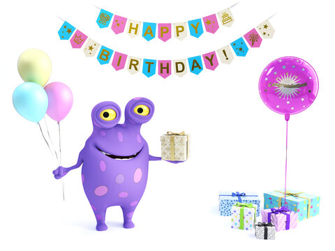 3D rendering of a spotted monster with party balloons and gifts.