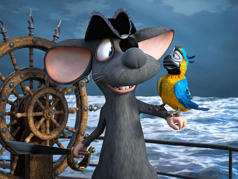 3D rendering of a cartoon mouse pirate holding parrot.