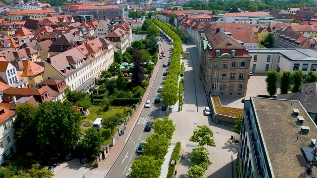 4K Aerial Drone Video of the Landgericht Courthouse and Promenade Outside the Town Wall of Downtown Ansbach, Germany