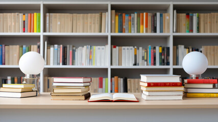 School Books Arranged Neatly on a Desk With Decorative Lamps in a Study Environment