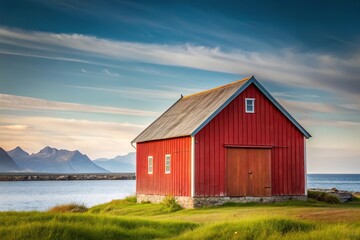 Obraz premium Minimalist Norwegian barn on the coast of Sommaroy in the Arctic Circle