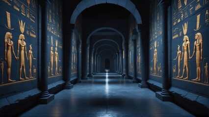 Obraz premium Ancient Egyptian Corridor with Hieroglyphs and Columns in Twilight Blue and Beige Tones