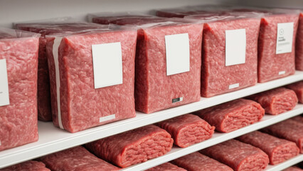 Shelves displaying packages of minced meat in a store. The vibrant color and clear labeling make this image perfect for illustrating culinary recipes or marketing materials иалов для мясных продуктов.