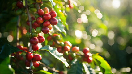 Fototapeta premium Vibrant Coffee Cherries Ripening on the Branch in a Sunlit Plantation