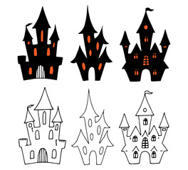 Set of haunted house silhouettes. Black and orange outline drawing for Halloween. Hand drawn graphic clipart. Line sketch of mansion for creepy decor and invitation design. Simple Doodle style