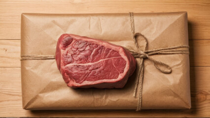 A piece of meat with beautiful texture, carefully packaged in eco-friendly paper. An excellent sample of natural ingredients for use in culinary projects and food blogs.