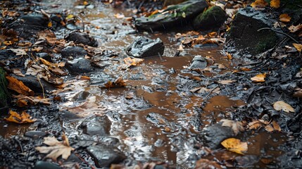Fototapeta premium Autumn Creek Bed After Playful Muddy Splash with Rocks and Leaves
