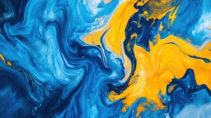 Abstract close-up of blue and yellow paint blending into each other in swirling patterns.