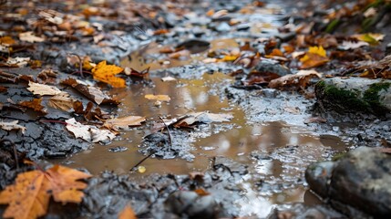 Fototapeta premium Muddy creek bed with rocks and autumn leaves after a playful splash fight