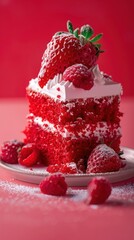 Red velvet cake slice topped with fresh strawberries and raspberries, adorned with whipped cream and powdered sugar.

