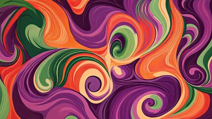 Abstract colorful swirls in bold shades of purple, green, and orange, flowing in a continuous, hypnotic pattern against a clean backdrop