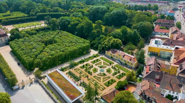 4K Aerial Drone Video of the Hofgarten Garden and Orangerie Event Venue in Downtown Ansbach, Germany