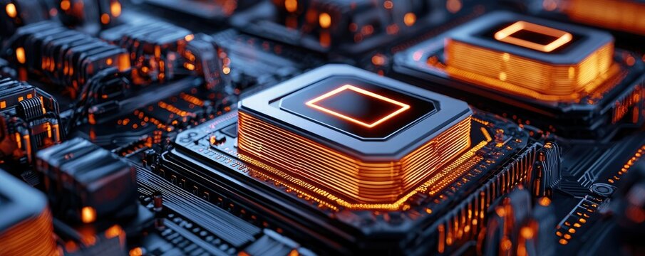 Close-up of modern microprocessors with glowing circuitry, showcasing advanced technology and intricate design for digital innovation.