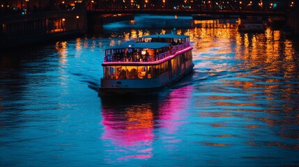 Fototapeta premium Illuminated Boat Cruising on a Blue River at Night