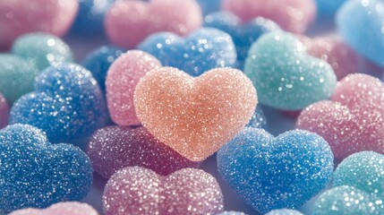 Fototapeta premium A Close-Up of Colorful Glittery Heart-Shaped Candies