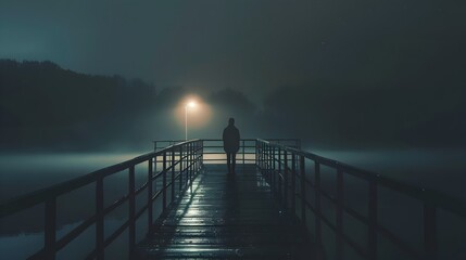 Solitary Figure Ponders the Depths of the Mysterious Nighttime Waters
