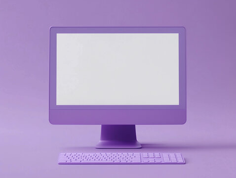 Lilac purple computer blank white pc screen minimal workspace desktop keyboard pastel modern tech mockup background banner copy space concept stylish digital display empty template