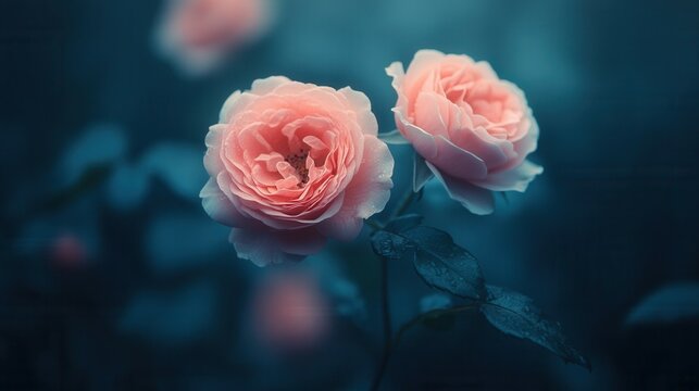 In a tranquil garden at dawn, soft pink roses blossom gracefully amid the gentle haze. The muted colors and serene atmosphere create a peaceful scene, inviting serenity and admiration for nature's bea