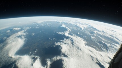 Fototapeta premium Flight over dense clouds with Earth's curvature visible below, illuminating the thin atmosphere separating our planet from space.