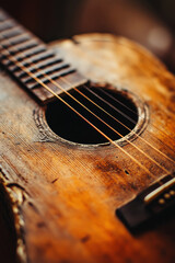 Fototapeta premium close up of old wooden guitar, showcasing its weathered surface and slightly worn strings, evokes sense of nostalgia and musical history