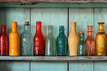 Colorful vintage bottles on shelf. A rustic kitchen or bar setting with vintage glass bottles of varying colors and designs.