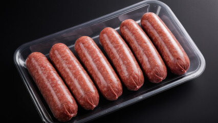 Package of delicious sausages on a dark background. This image is suitable for culinary blogs, recipe sharing, and product marketing. A simple and convenient solution for meat dishes
