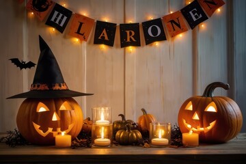 cozy Halloween scene featuring a wooden table adorned with carved pumpkins each with cheer