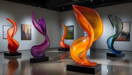 Modern glass sculptures in an art gallery setting.