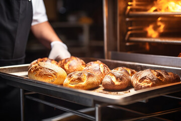 Chef Carefully Pulls a Tray of Freshly Baked Artisan Bread From the Oven in a Busy Kitchen