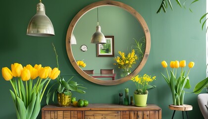 Green wall with round wooden-framed mirror, vintage yellow tulips, pendant lamp, minimal console, maximalist room