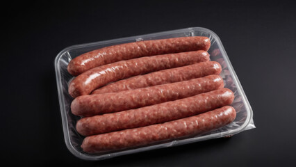 Package of delicious sausages on a dark background. This image is suitable for culinary blogs, recipe sharing, and product marketing. A simple and convenient solution for meat dishes