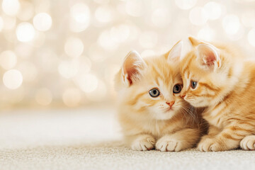 Adorable ginger kittens on soft carpet with bokeh background - perfect for cute animal posters