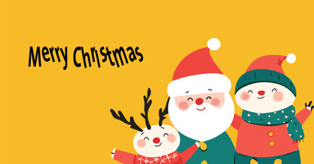 Merry Christmas and happy new year greeting card with Santa Claus, cute kids in snowman, xmas tree, deer and red costume. Holiday cartoon character in winter season