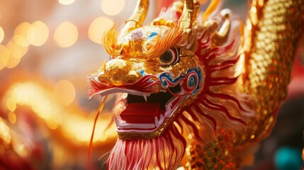 Obraz premium Close-up of a Golden Dragon Costume Head with Red and White Accents
