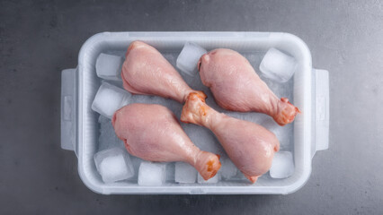 A portion of chicken drumsticks, neatly packed in an ice container. Ideal for use in recipes and culinary projects. A fresh and high-quality product for a healthy diet