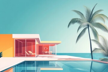 Fototapeta premium Modern Architecture Building in Minimalistic Vector Design with Palm Tree, Clear Blue Sky, and Serene Seascape