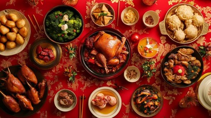 Fototapeta premium A Chinese New Year Feast of Various Dishes Served on Red Tablecloth