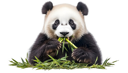 Fototapeta premium Panda bear munching on bamboo, showcasing its adorable features and vibrant fur in a natural setting.